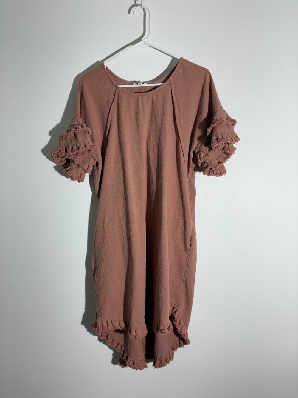 Umgee Mauve Linen Blend Ruffle Sleeve Dress Fringe Hem High Low Boho Large L